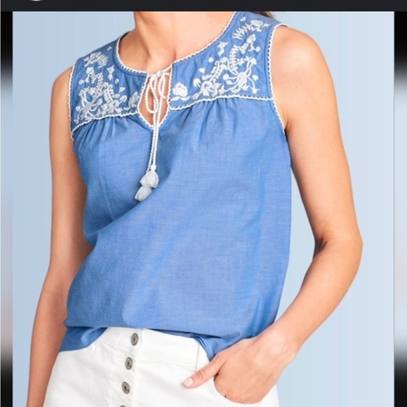 TALBOTS Tank Top  SMALL Chambray Embroidered Tassel Tie Popover Shell Cotton - Picture 1 of 6